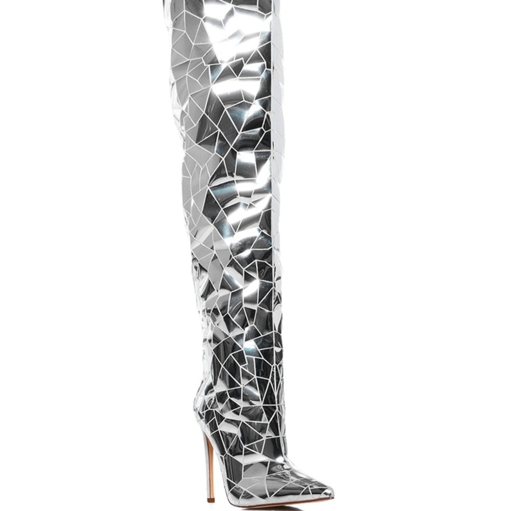 AZALEA WANG "SHATTERED INNOCENCE" Reflective Silver Women's Heeled Boots - Picture 3 of 9